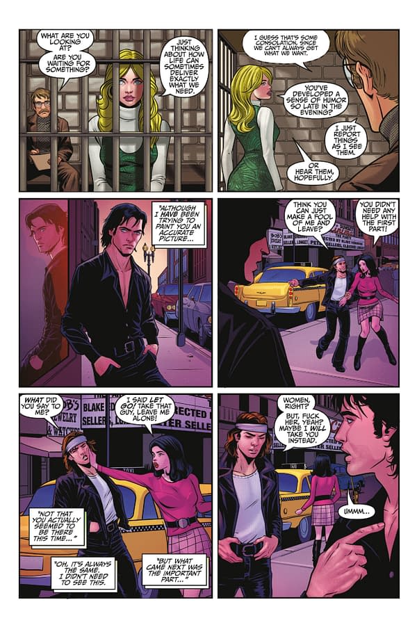 A comic book illustration depicting three panels of dialogue between characters in a city environment. One character appears in a jail cell, while others are outside, engaged in a tense discussion, with a yellow taxi visible in the background.