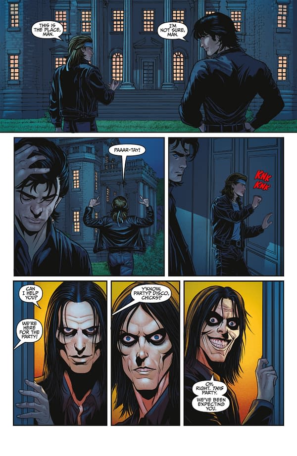 A comic book illustration featuring two characters in front of a large mansion at night. One character appears hesitant while the other is more enthusiastic, gesturing towards the door as they talk about a party.