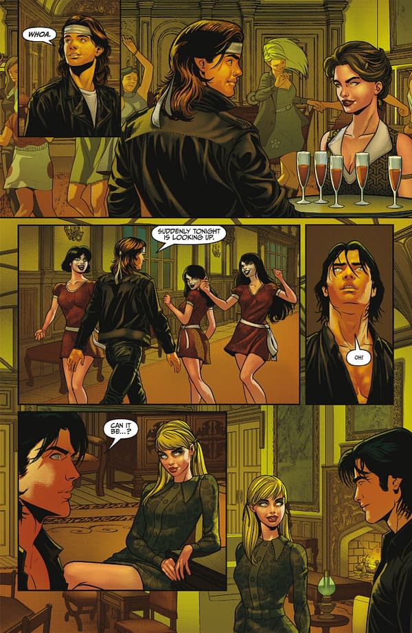 A vibrant comic book panel featuring a young man and woman sharing a moment in a lively party setting, with other partygoers visible in the background. The scene conveys excitement, with dialogue indicating a turn of events in the evening.