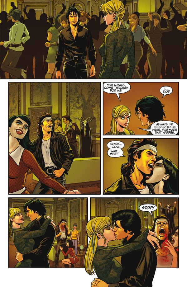 A comic illustration features a nightclub scene with various characters engaging in conversations and dancing. Prominent characters include a blonde woman and a dark-haired man sharing an intimate moment, while other figures express surprise and excitement in the background.