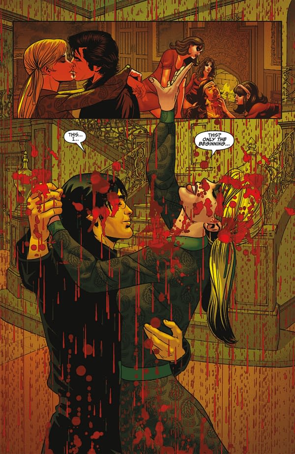 A dramatic comic book illustration featuring a couple dancing surrounded by a chaotic scene. Blood splatters heavily across the image, enhancing the dark theme and intensity of the moment.