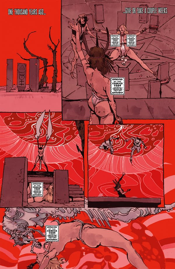 A comic panel depicting a surreal scene with a red background, featuring a demonic figure with horns and a half-naked woman interacting in a mystical setting filled with ancient stone structures. The narrative suggests a showdown from 'one thousand years ago.'