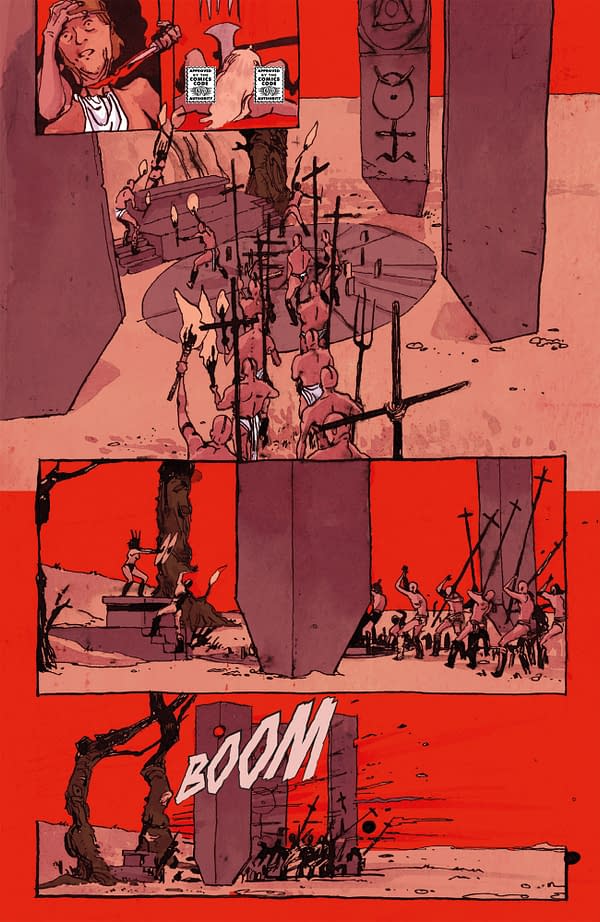 A comic panel depicting a chaotic scene with a group of armed individuals, shouting and charging towards a stone structure in a vibrant red setting. The top panel shows a character in distress, while sound effects emphasize the intensity of the moment.