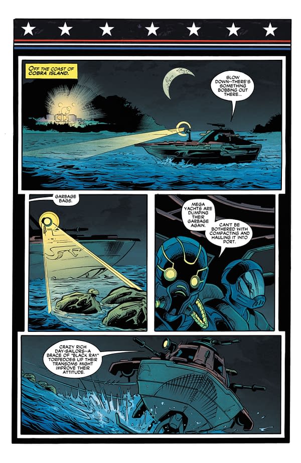 Comic panel depicting a boat off the coast of Cobra Island at night, with characters discussing garbage bags floating in the water. The scene is illuminated by the boat's searchlight and features dialogue about rich yacht owners and environmental neglect.