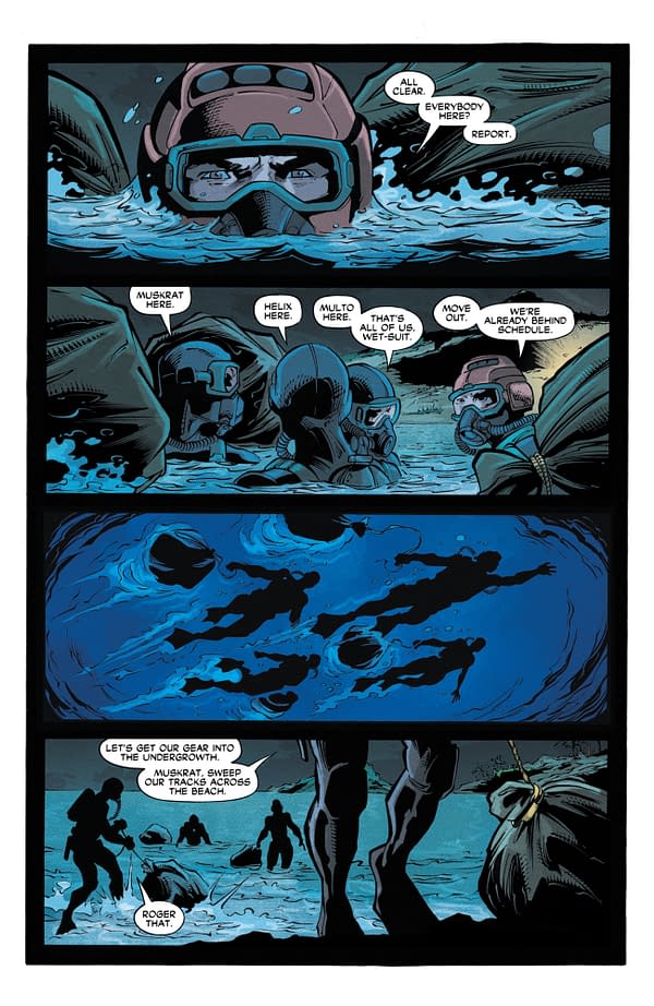 A comic panel featuring characters submerged in water, wearing wetsuits and masks, communicating with each other. Dark blue hues dominate the scene, enhancing the underwater atmosphere.