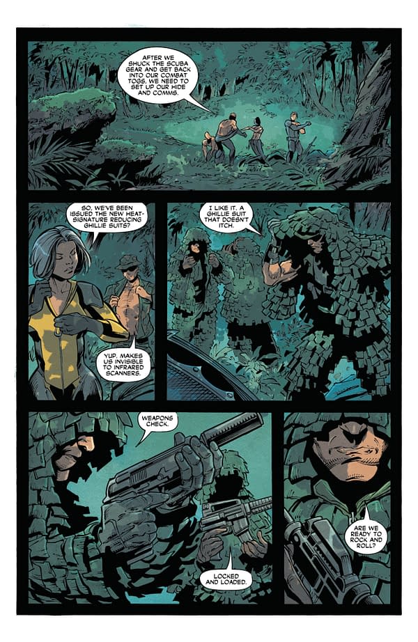 A comic book panel featuring characters wearing camouflage ghillie suits in a dense jungle setting, discussing their equipment and readiness for a mission. Dialogue bubbles convey their conversation about the ghillie suits and weapons check.