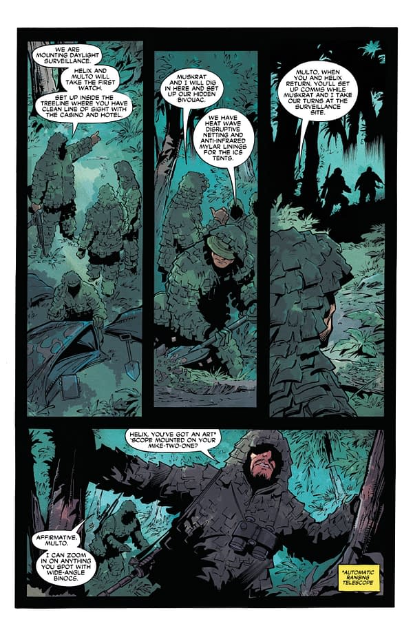 A comic book panel features soldiers in camouflage gear discussing surveillance tactics in a dense forest. The scene is vibrant with shades of green and blue, illustrating a tactical mission.