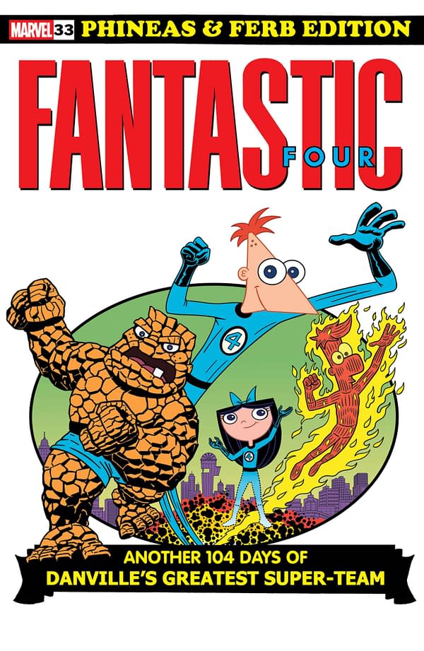 Cover image for FANTASTIC FOUR #33 DAN POVENMIRE PHINEAS AND FERB VARIANT [DOOM]