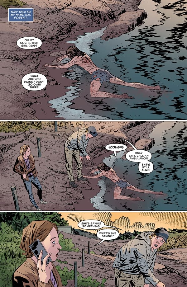 A comic illustration depicts a scene near a river where a girl is lying on the bank, seemingly unconscious or injured, while two people nearby express concern and urgency. One person is making a phone call for help, while the other is reaching out to the girl.