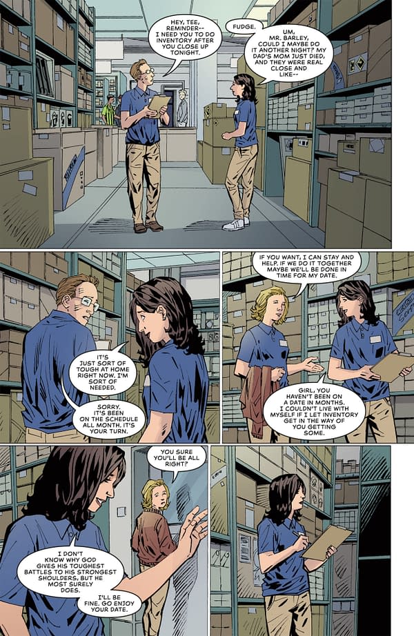 A comic panel showing two characters in a storage area. One character, wearing glasses and holding a clipboard, reminds the other, a girl with long hair, about a work task. They discuss an upcoming inventory and personal issues, revealing a sense of camaraderie and support.