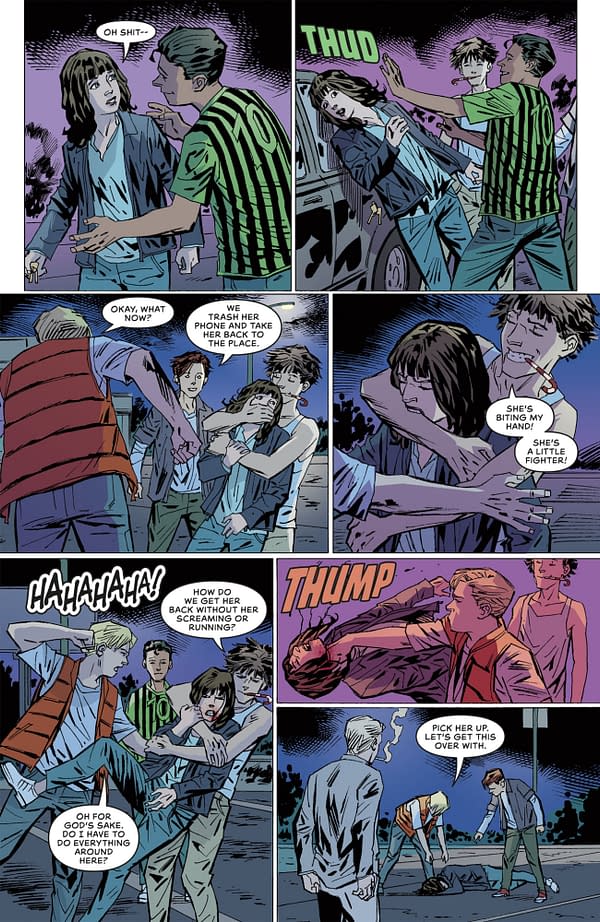 A comic book scene depicts a tense confrontation, showing a group of teenagers surrounding a girl who appears distressed. One boy is grabbing her arm while others discuss how to handle the situation, with a backdrop of a night setting illuminated by streetlights.