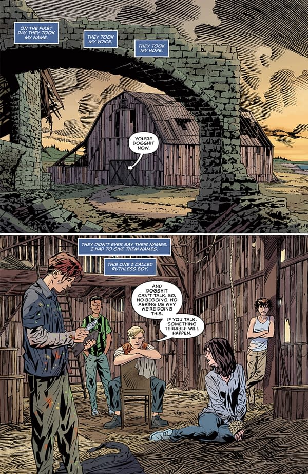 A comic illustration featuring a dilapidated barn and a group of young characters, with dramatic dialogues reflecting themes of powerlessness and intimidation. The scene depicts a tense atmosphere among the characters.