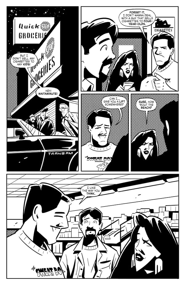 A black and white comic strip featuring a scene set in a grocery store. Characters engage in dialogue about cigarette sales and offer a ride to the beach, highlighting themes of conflict and camaraderie.