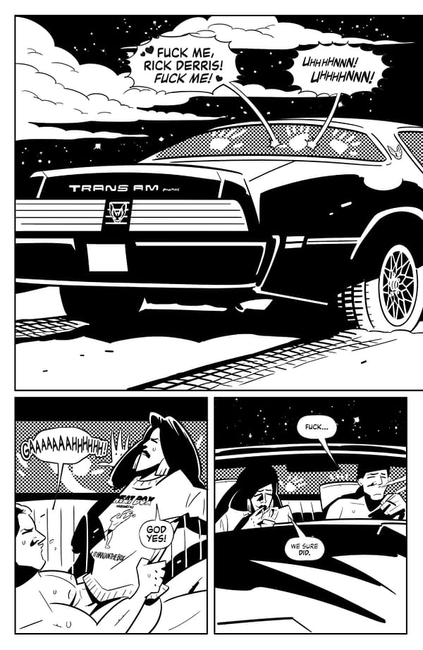 A black-and-white comic panel features a trans am car under a starry sky, with a character expressing intense emotions through dialogue. Two individuals inside the car display varied reactions to the moment.
