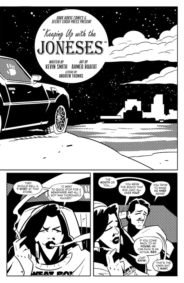A comic panel in black and white featuring characters sharing dialogue. One character, wearing a 'HEAT BOX' shirt, sits in a car with a cigarette, while the other appears to be leaning against the vehicle. They engage in a humorous and suggestive conversation.