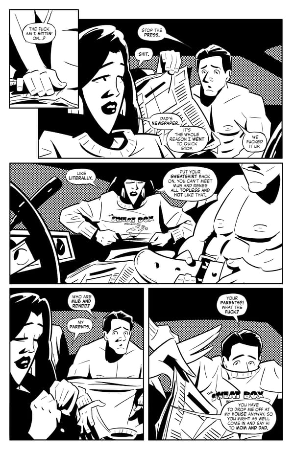 A black and white comic strip featuring two characters in a car. One character, a woman, appears distressed as she holds a newspaper and expresses shock about her father's involvement. The other character, a man, looks confused while wearing a sweatshirt. Dialogue bubbles depict their conversation about parents and an event gone wrong.