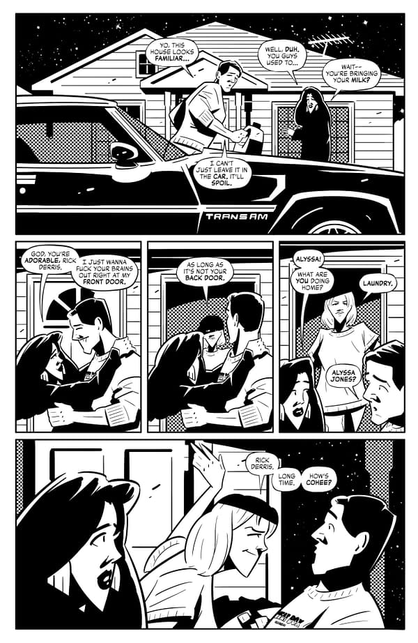 A black-and-white comic strip featuring a conversation between characters outside a house next to a Trans Am car. The scene depicts various interactions, including a humorous mention of bringing milk and a playful exchange about laundry.