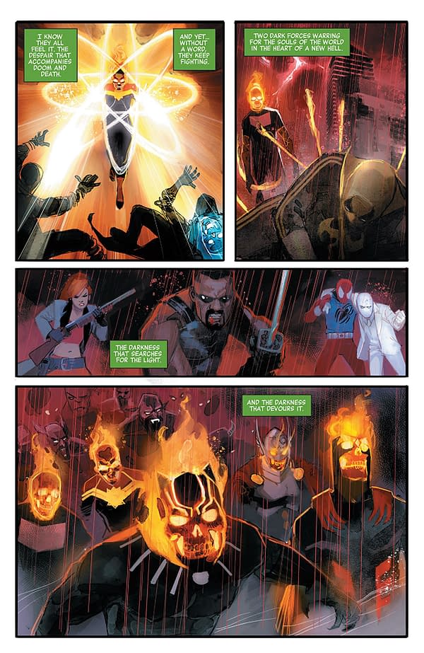 Wong and the Midnight Sons make their final stand against the hordes of Hell and the demonically-possessed Avengers. Before long, Mephisto himself arrives to gloat over having killed Johnny Blaze. However, Mephisto does not know that the Ghost Rider has become the king of Hell, and the tides may soon turn in favor of Wong. 	Doctor Strange: Damnation ends better than it began. While some of the deliberate lack of repentance on the part of Stephen Strange and the lack of focus on the members of the Midnight Sons that aren't Wong and Strange does bother me, this final installment didn't really get on my nerves as much as the first.  	Don't get me wrong, this issue still has a myriad of problems that keep it from being required reading. This story was stretched to breaking point, and a good portion of what matters happened in the Ghost Rider issue. This book is a protracted third act. As far as plot-relevance goes, Blade, Doctor Voodoo, Bloodstone, Man-Thing, Scarlet Spider, Moon Knight, and Iron Fist may as well not be here. Even in their own tie-ins, Iron Fist and Scarlet Spider don't really do anything important to the story. 	The follow-up story promises more with the Midnight Sons though, and that will hopefully come to something. 	Rod Reis' artwork is a welcome presence in this book. His style lends itself to the ethereal and surreal nature of this setting and plot. The color gradience adds a unique atmosphere and generally looks quite good. Szymon Kudranski and Dan Brown handle the epilogue with the Midnight Sons and Doc Strange. The more realistic aesthetic does contrast Reis' work in an odd manner, but it looks good too. 	Doctor Strange: Damnation #4 is a decent enough read. If you liked the rest of the story, you'll like this one too. The fact that the story at least acknowledges that Strange's idea was terrible from the start and ties it to personal problems helps a lot. Reis, Kudranksi, and Brown provide good visuals. Feel free to check it out.