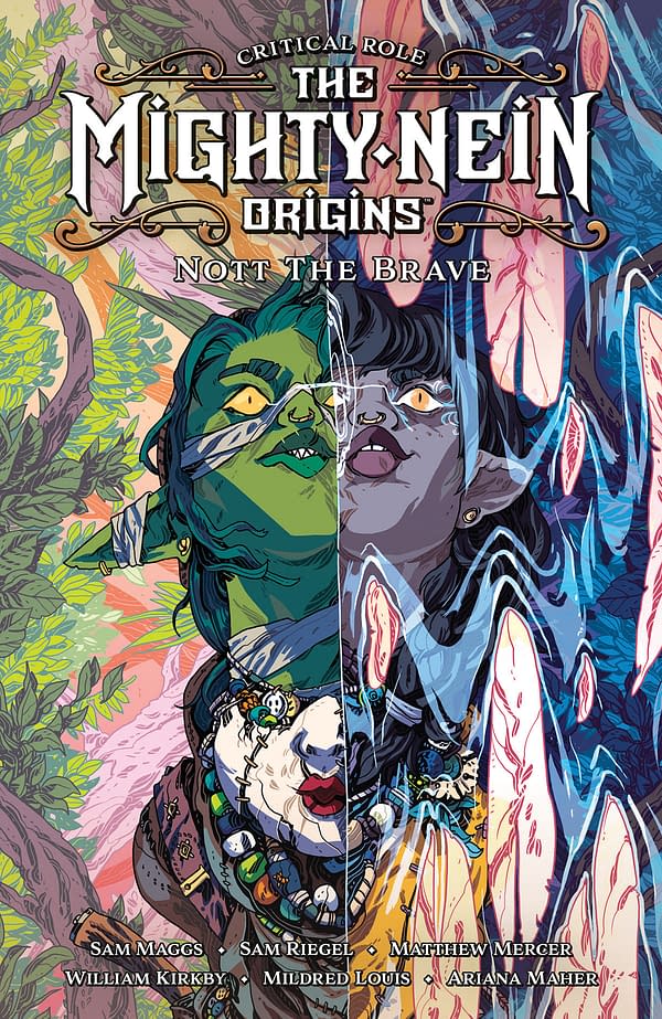 Cover to Critical Role: The Mighty Nein Origins - Nott the Brave, written by Sam Maggs with Critical Role's Matthew Mercer and Sam Riegel, with art by William Kirkby, colors by Mildred Louis, and letters by Ariana Maher, in stores in April 2022 from Dark Horse Comics and retailing for $17.99