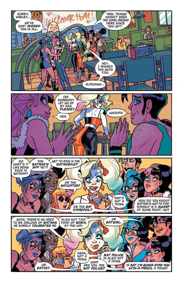 Interior preview page from 0123DC068 Multiversity: Harley Screws Up the DCU #1 Amanda Conner Cover, by (W) Frank Tieri (A) Logan Faerber (CA) Amanda Conner, in stores Tuesday, March 14, 2023 from DC Comics