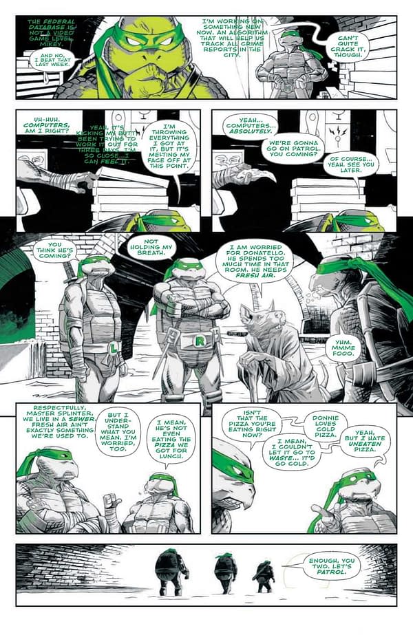 Interior preview page from TEENAGE MUTANT NINJA TURTLES: BLACK. WHITE, AND GREEN #1 DECLAN SHALVEY COVER