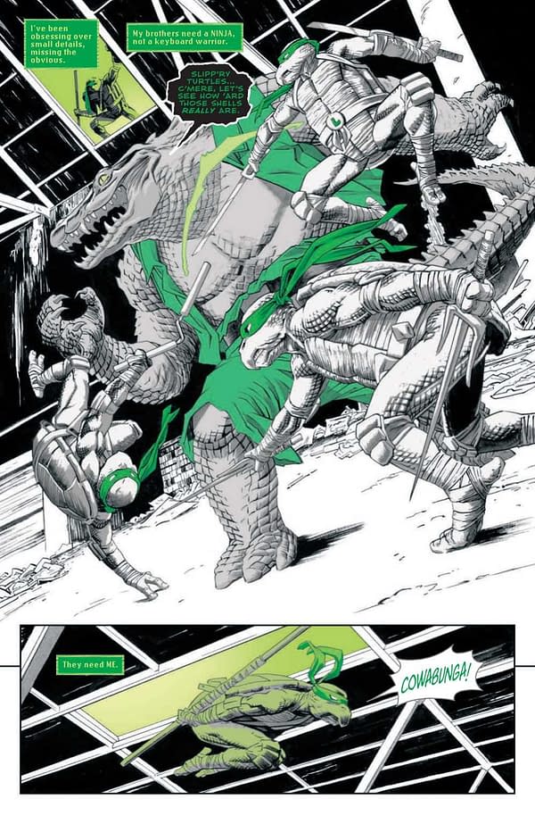 Interior preview page from TEENAGE MUTANT NINJA TURTLES: BLACK. WHITE, AND GREEN #1 DECLAN SHALVEY COVER
