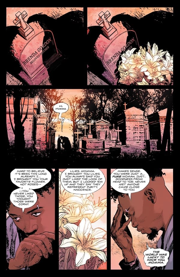 A comic illustration from 'Green Arrow #24' featuring a gravestone with the name 'Brenda Gordon' and a character kneeling beside it, holding lilies. The setting is a cemetery at sunset, conveying a sense of grief and reflection.