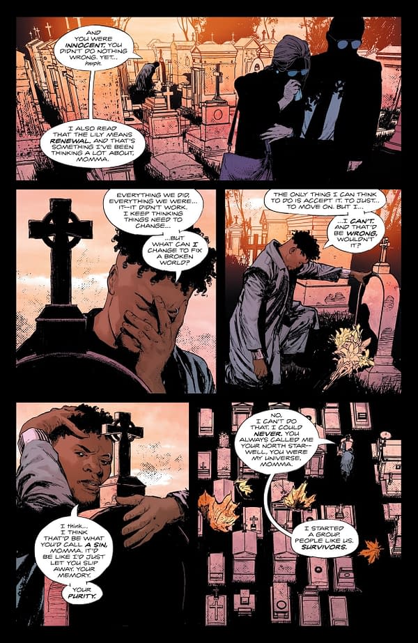 A comic panel depicting a cemetery scene, featuring a young man in emotional contemplation amidst gravestones. He touches a cross, and his expressions convey deep sadness and reflection about renewal and change.