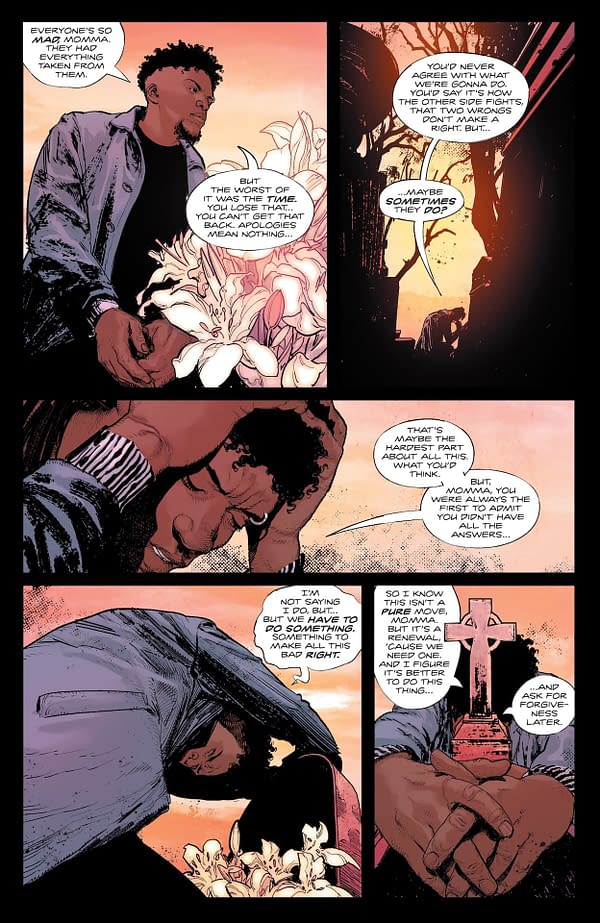A comic panel depicting a character with short curly hair and a thoughtful expression, holding a bouquet of flowers. In the background, there are dark silhouettes of trees and a cross, suggesting themes of reflection and loss.