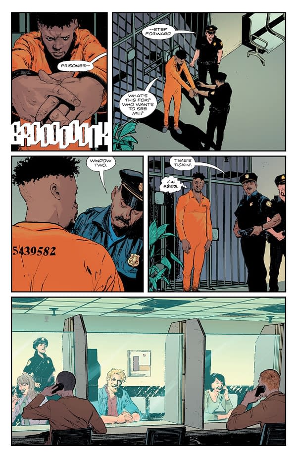 A comic book panel depicting a prisoner in an orange jumpsuit being escorted by police officers. The scene conveys a tense atmosphere with dialogue about a pending meeting.