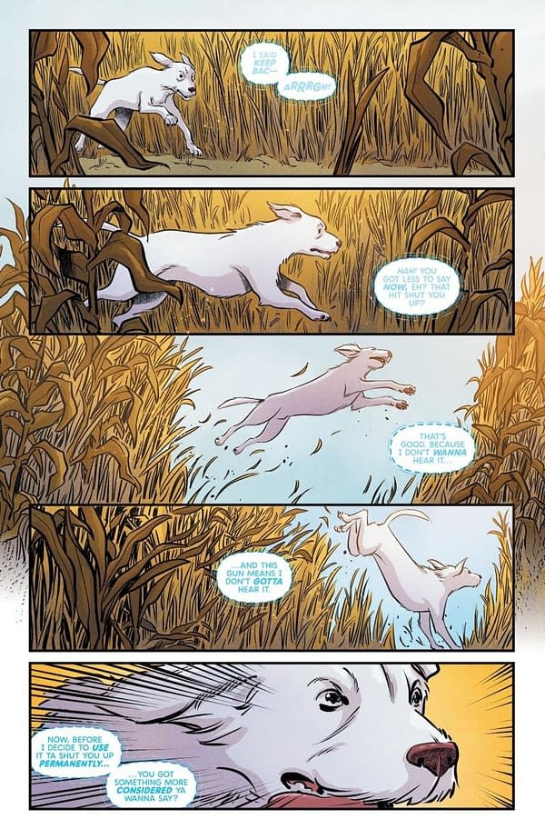 A cartoon illustration from 'Krypto: The Last Dog of Krypton' shows a white dog running through tall grass. The scene conveys tension, with dialogue bubbles indicating a conversation between characters. The dog looks determined and focuses on its surroundings.