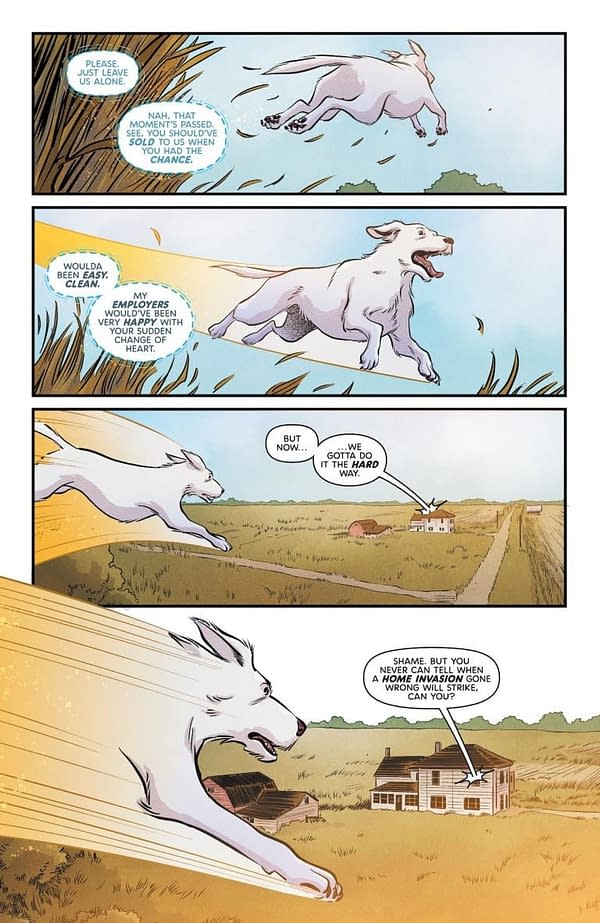 A cartoon illustration featuring Krypto, the white dog from Krypton, running through a grassy landscape. The scene depicts a dramatic moment with Krypto in motion, alongside dialogue bubbles hinting at a tense situation.