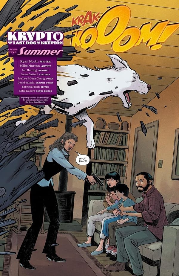 A cartoon illustration from 'Krypto: The Last Dog of Krypton #5', featuring Krypto the dog crashing through a wall, startling a woman pointing a gun at a family seated on the floor. The scene conveys excitement and action, with comic-style sound effects like "KRAK" and "OOM!".