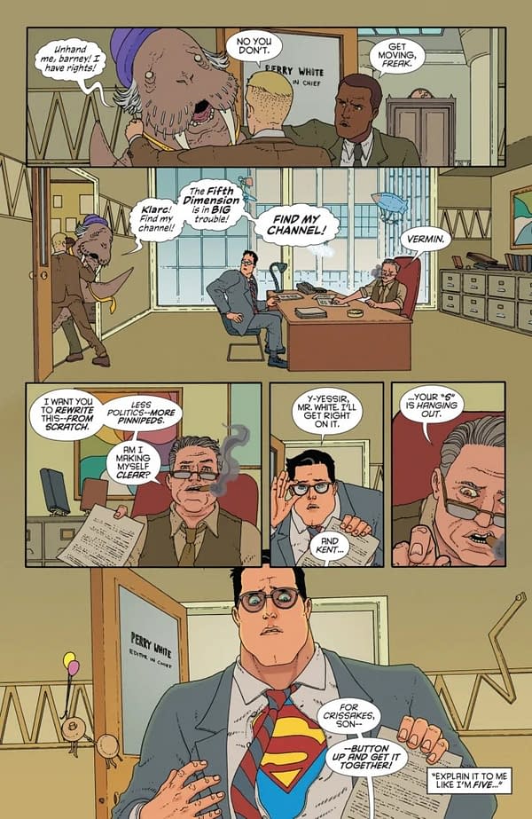 A cartoon panel featuring characters in an office. Perry White is seen in a chair surrounded by others, including Superman, discussing a crisis related to the Fifth Dimension. Emotion and humor are depicted through their expressions and dialogue.