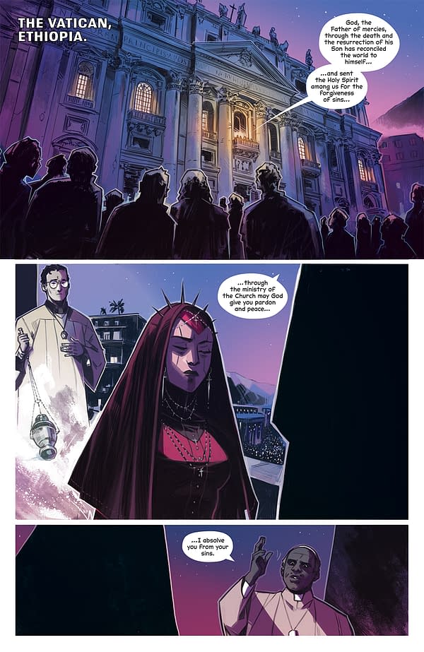 An illustrated scene set in front of a grand church, with a crowd gathered outside. The foreground features a nun in a striking red headpiece and a priest holding a lantern, indicating a moment of solemnity and reflection.