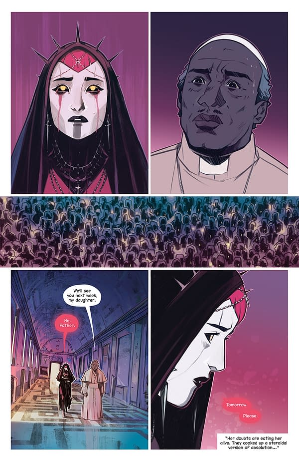 A dramatic comic panel shows a woman in a dark outfit with spikes on her head and striking yellow eyes, next to an anxious-looking priest in a white robe. Below, a crowd of shadowy figures is depicted, along with dialogue about a meeting and expressions of doubt and urgency.
