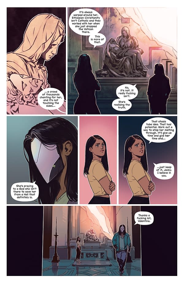 A comic book panel featuring two characters discussing serious themes, with a statue and an ornate background depicting a grand hall. One character stands with arms crossed, while the other walks away. The expressions convey tension and urgency.