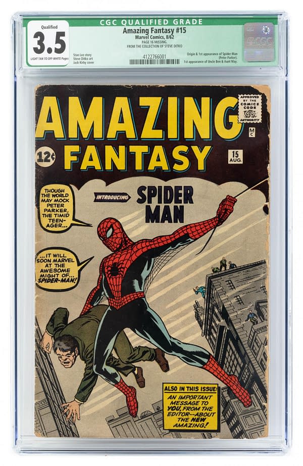 Amazing Fantasy #15 (Marvel, 1962) featuring the first appearance of Spider-Man, from the collection of Steve Ditko.