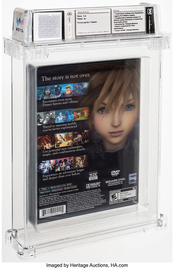 The back face of the sealed, graded copy of Kingdom Hearts II for the Sony PlayStation 2. Currently available at auction on Heritage Auctions' website.