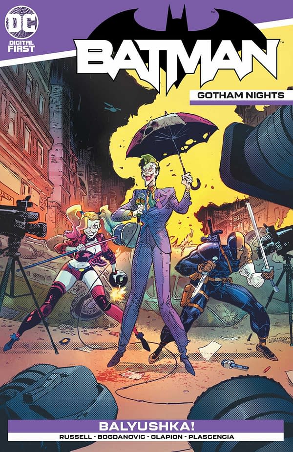 The cover of Batman: Gotham Night #6 published by DC Comics with the creative team of Mark Russell, Victor Bogdanovic, Jonathan Glapion, and Ivan Plascencia.
