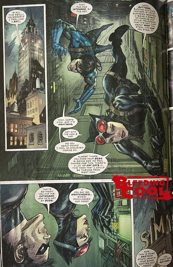 Catwoman uses innuendo on Nightwing, as well as gazing at his arse.