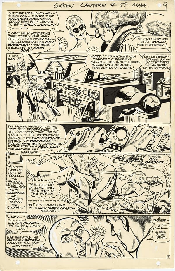 Green Lantern #59 page 7: An illustration from a comic book featuring a hypothetical scenario involving Guy Gardner, a physical education instructor, who accepts the role of Green Lantern from the dying Abin Sur.
