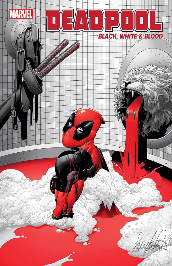 Cover image for AUG211129 DEADPOOL BLACK WHITE BLOOD #3 (OF 4) LARROCA VAR, by (W) Jay Baruchel, More (A) Paco Medina, More (CA) Salvador Larroca, in stores Wednesday, October 6, 2021 from MARVEL COMICS