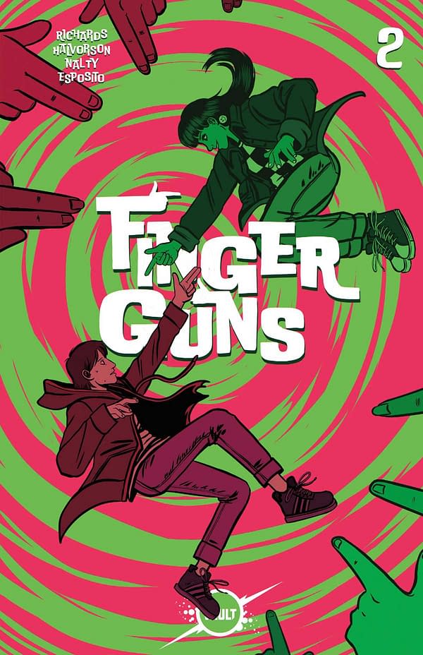 Finger Guns #2 Cover- Vault Comics, creative team: Justin Richards, Val Halvorson, Rebecca Nalty, Taylor Esposito