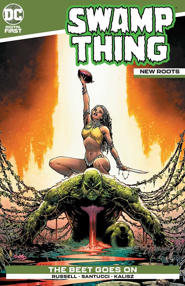 The cover of Swamp Thing: New Roots #1 from DC Comics with a creative team of Mark Russell, Marco Santucci, John Kalisz, and Jimmy B.