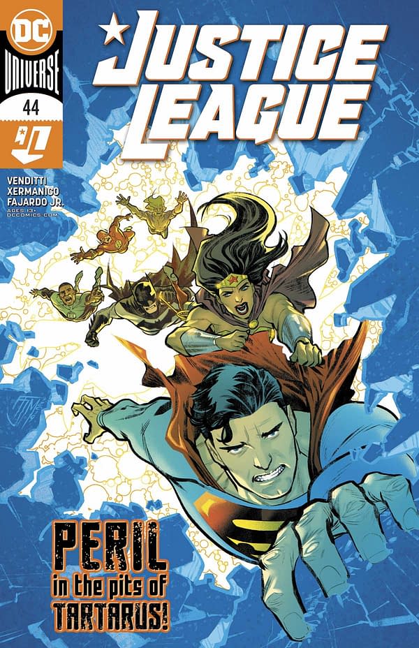 Justice League #44 cover published by DC Comics with a creative team of Robert Venditti, Xermanico, Romulo Fajardo Jr. and Tom Napolitano.