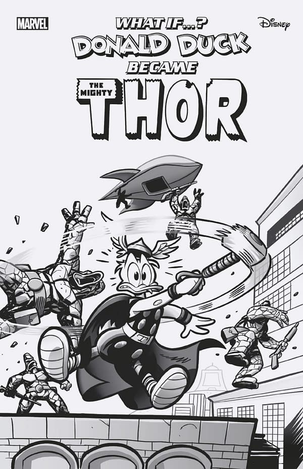 Cover image for MARVEL & DISNEY: WHAT IF...? DONALD DUCK BECAME THOR #1 LORENZO PASTROVICCHIO BL ACK AND WHITE VARIANT