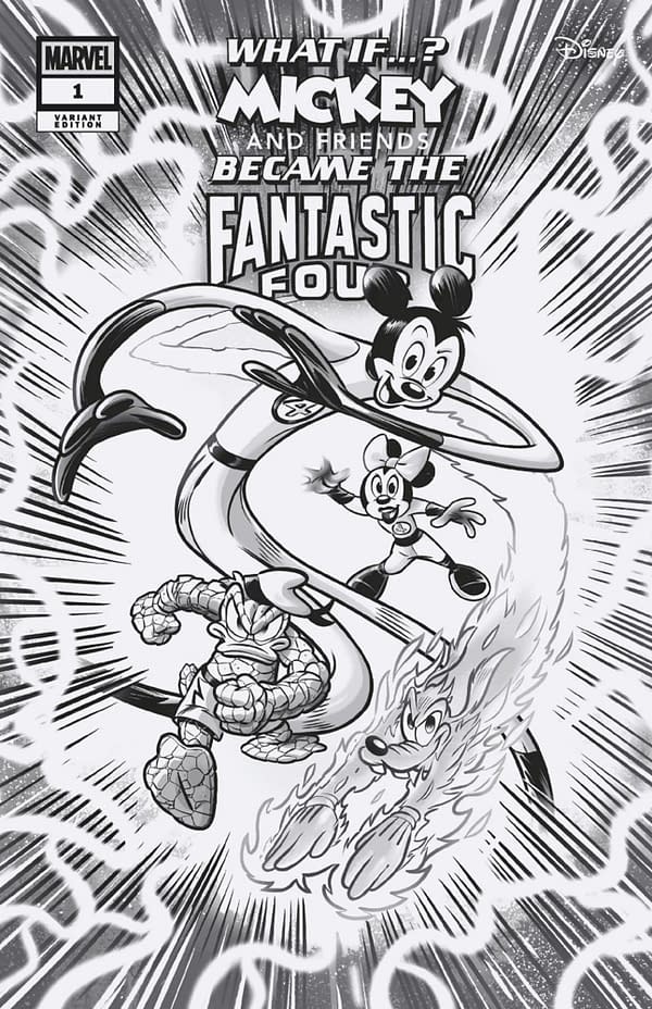 Cover image for MARVEL & DISNEY: WHAT IF...? MICKEY & FRIENDS BECAME THE FANTASTIC FOUR #1 LORENZO PASTROVICCHIO BLACK AND WHITE VARIANT