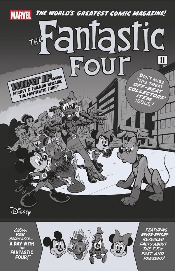 Cover image for FANTASTIC FOUR #32 EMILIO URBANO BLACK AND WHITE DISNEY WHAT IF? FANTASTIC FOUR HOMAGE VARIANT [DOOM]
