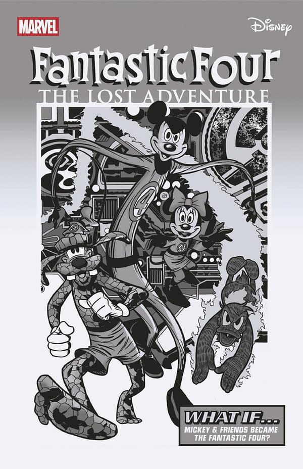 Cover image for FANTASTIC FOUR #3 VITALE MANGIATORDI BLACK AND WHITE DISNEY WHAT IF? FANTASTIC FOUR HOMAGE VARIANT [DOOM]